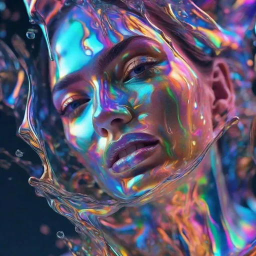 Prompt: Woman's face emerging from holographic sharp colors liquid, 3D rendering, ultra-detailed, high-quality, detailed, liquid simulation, intricate facial features, high contrast, dramatic lighting, background holographic sharp colors liquid liquid sea