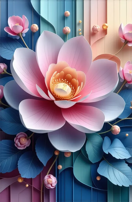 Prompt: (3D flower and flat), vibrant cool rainbow colors,  detailed geometric patterns, harmonious design, glowing highlights, smooth texture, high depth, lightening, captivating radiance, intriguing visual elements, modern aesthetic, ultra-detailed, HD quality, lightening background in pastel with subtle gradients, evoking a sense of balance and tranquility.