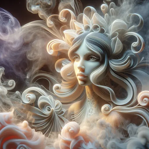 Prompt: Sculpture of a transparent woman made of a glowing smoke, ethereal and delicate, glowing smoke forming a woman with open eyes, transparent and airy, high quality, mystical, surreal, open eyes, delicate shapes, translucent, artistic representation, soft lighting, pastel tones, detailed plumes, artistic, dreamy, fleeting, elegant, background ist lightening smoke