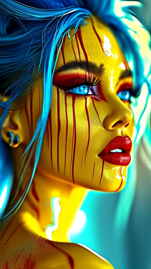 Prompt: (glamorous woman with yellow red striped skin), flowing blue hair, piercing blue eyes, deep yellow red striped skin, shiny skin, hyper-realistic details, vivid colors, dramatic lighting, striking contrast, complex facial features, dynamic pose, mesmerizing atmosphere, high quality, extremely detailed presentation, ethereal beauty, captivating appeal in composition, flaunting unearthly charm.