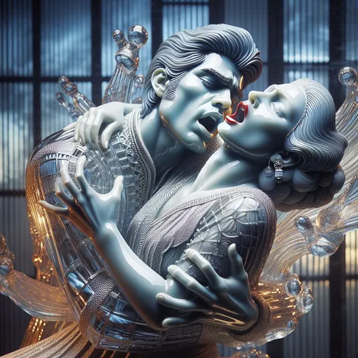 Prompt: sculpture of glass, glass sculpture woman embracing a man, metallic background, intricate glass details, high-quality, digital art, surreal, cool tones, emotional embrace, detailed facial features, professional lighting, glass textures, surrealism