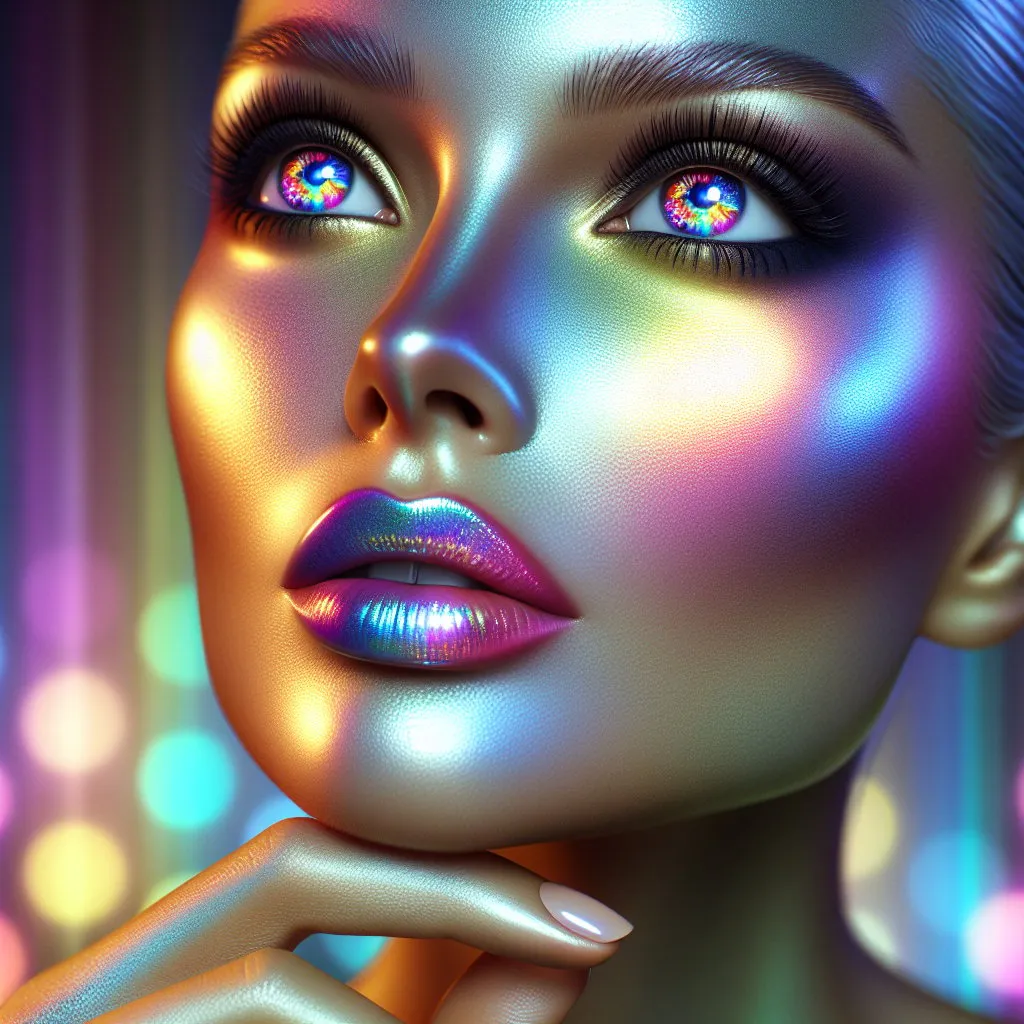 Prompt: a woman with a absolute multicolored shiny reflective skin,  multicolored background excitingly discreetly lit, lightening multicolored eyes, she lifts her chin and looks forward up, multicolored lipstick, realistic, detailed image, high resolution,