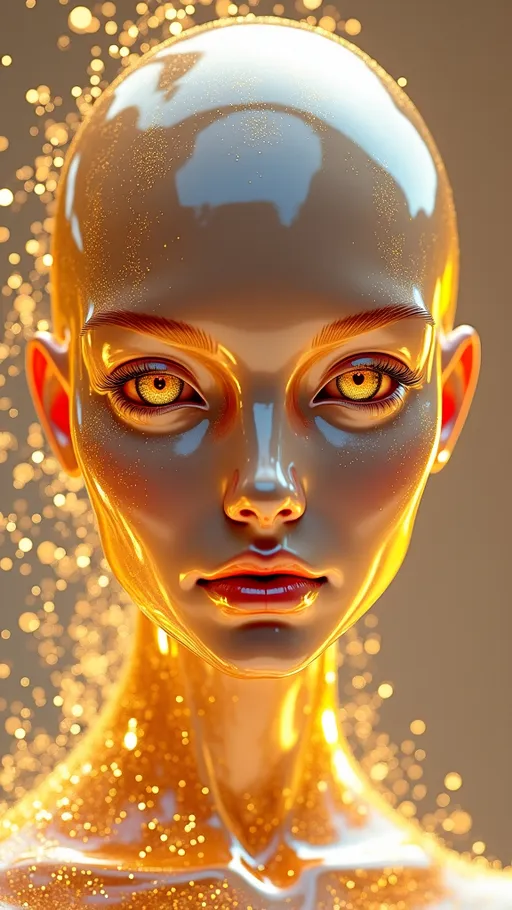 Prompt: (3D female face), symmetrically centered, (vibrant) shimmering gold and silver hues, transparent elements flowing gracefully, captivating facial features, smooth contours, artistic play of light and shadow, striking reflections, modern design aesthetic, ethereal background enhancing spatial depth, ultra-detailed, high quality, visually stunning, scintillating ambiance.