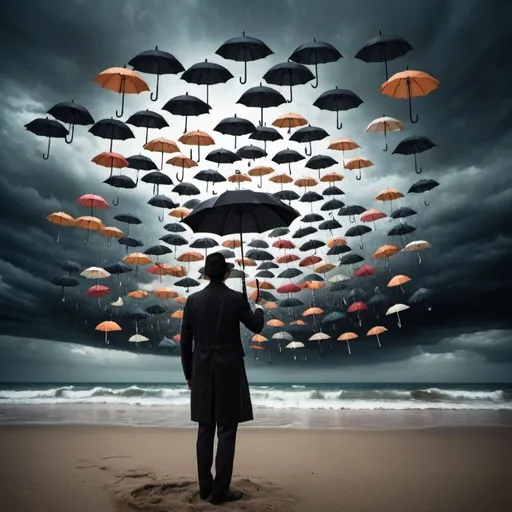 Prompt: a man holding an umbrella on a beach with many umbrellas flying above him and a dark sky in the background, surrealism, surreal photography