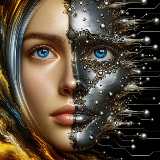 Prompt: a woman's face is futuristically transformed into a chrome-plated structure covered in wires. The left blue eye is shown in photo-realistic detail. the right eye futuristic. It is surrounded by silver and gold detailed small shapes against an abstract background that depicts dark yellow tones as dripping paint