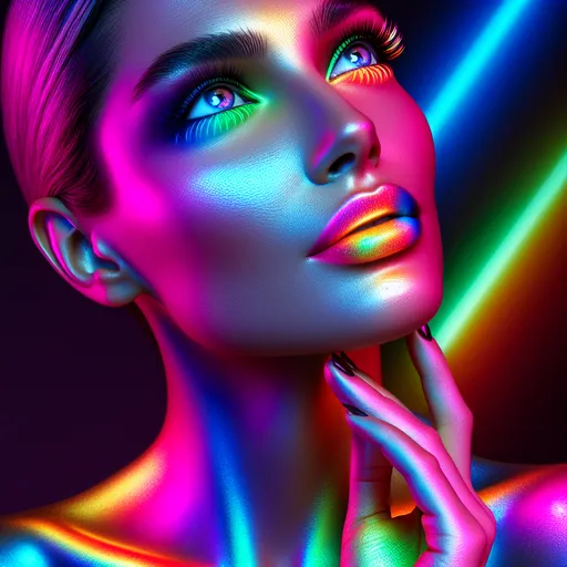 Prompt: a woman with a absolute neon multicolored shiny reflective skin,  multicolored background excitingly discreetly lit, lightening multicolored eyes, she lifts her chin and looks forward up, multicolored lipstick, realistic, detailed image, high resolution,