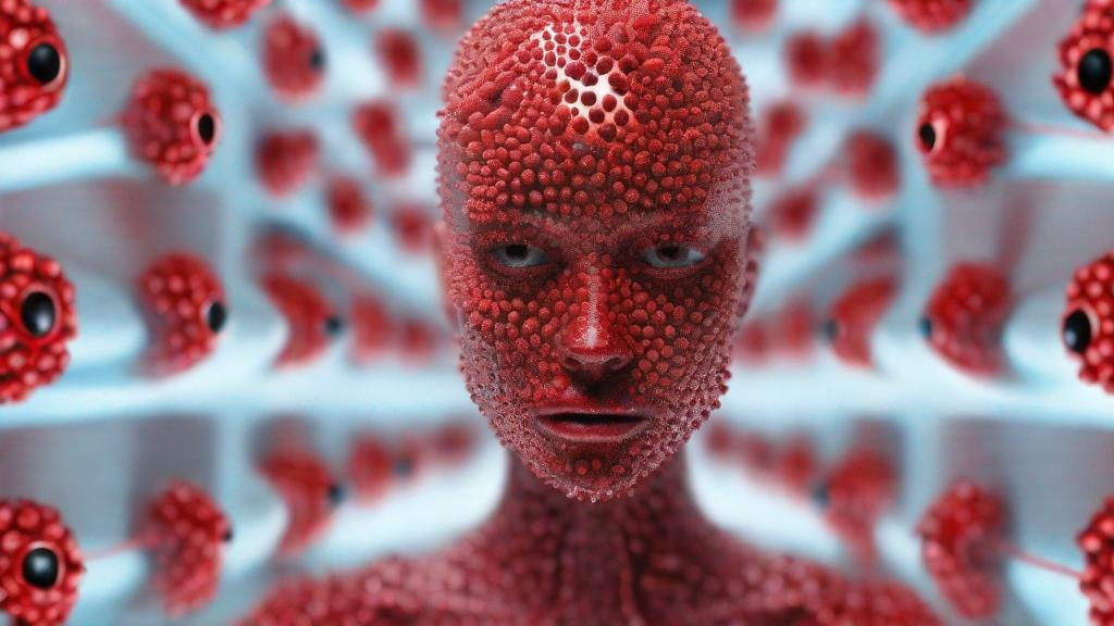 Prompt: Detailed illustration of a human body made entirely of viruses, detailed human eyes, detailed woman body, full body, top view focus on face, background red thick and moving, surreality, hyper detailed, ultra sharp octane rendering, 3D rendering