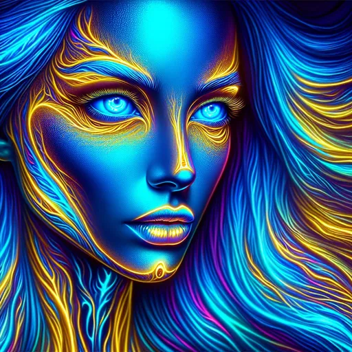 Prompt: Woman with blue and gold skin, surreal long blue liquid hair, open lightening blue eyes, airbrush painting, highres, detailed, neo-primitivism, biopunk, neon colors, surreal, abstract, vibrant lighting, professional