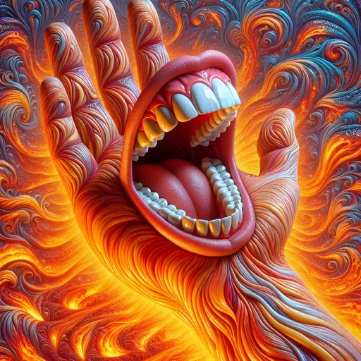 Prompt: A screaming mouth on the palm, surrealism, realistic photo, white teeth, beautiful patterns made of lava, in the style of Ray Caesar, vibrant colors with molten reds and fiery oranges, high contrast lighting, surrealistic atmosphere, strange and humorous mood, hyper-detailed texture on the skin and lava, intricate background patterns, ultra-detailed, 4K.