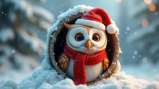 Prompt: 3D owl in a decorative 3D hole, wearing a festive Santa hat and a bright red scarf around its neck, vibrant color palette, whimsical textures, cheerful expression, inspired by the style of Ernest William Christmas, captivating background with detailed snow, clear and bright winter atmosphere, digital art masterpiece, stunning HD wallpaper, high-quality computer graphics, realistic rendering details, inviting and festive ambiance