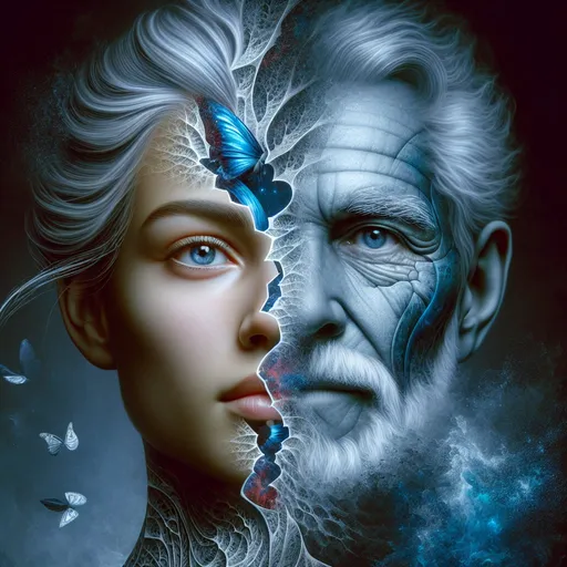 Prompt: Detailed  female body, in the split  and broken head is old man face. detailed loving face, short blue tousled hair, detailed blue eyes, surreal and mysterious, high resolution, complex digital art, surrealism, cool tones, dramatic lighting, detailed facial features, realistic shadows, artistic, surreal, mysterious, high quality, detailed,, cool tones lighting, complex design