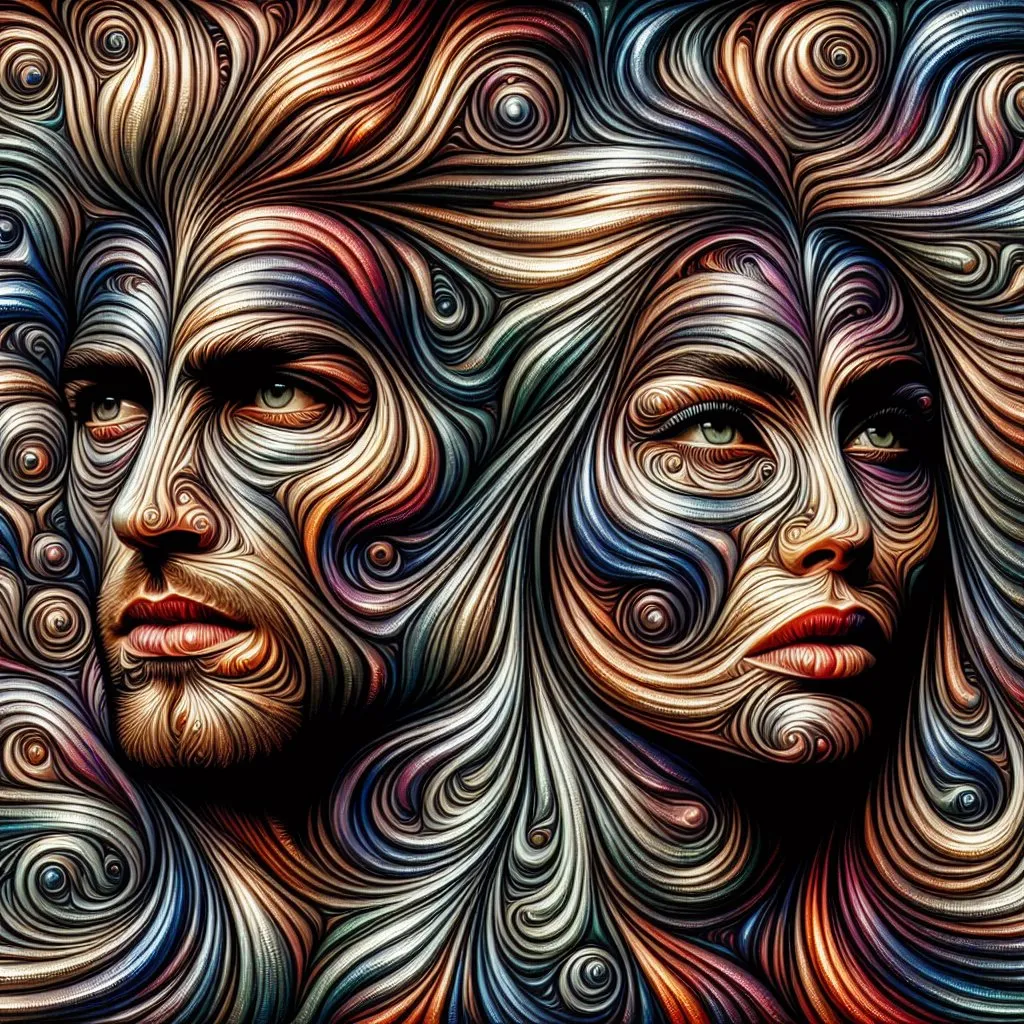 Prompt: multi metal colored psychedelic pattern with a Europe man and woman full body, 4k, open eyes, artistic, impressive, beautiful,, high contrast, striking shadows, abstract