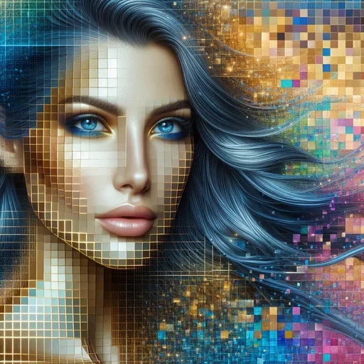 Prompt: Portrait of a gold-skinned very attractive woman, blue eyes, blue long hair, the face is gridded by several golden blocks, the background is gridded by several multicolored blocks.
professionally detailed eyes, realistic lighting, high definition