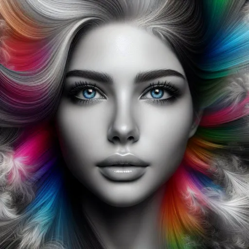 Prompt: Monochrome portrait of a woman, detailed blue eyes, explosion of fine multicolored hair in the background, high contrast, detailed facial features, monochrome, detailed eyes, expressive, highres, surreal, vibrant color explosion, dramatic lighting