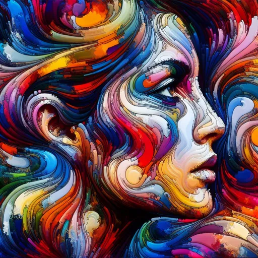 Prompt: Vibrant abstract art women's face, portrait, many colors, vibrant abstract woman's face, from the side, woman looks to the left, rough shapes, illustration, HDR, 8k resolution