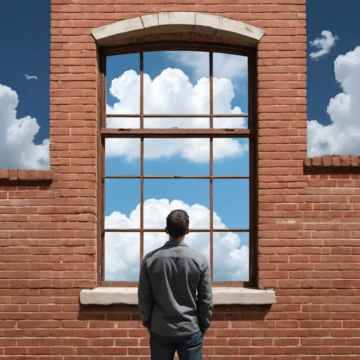 Prompt: a man standing in front of a brick wall with two windows in it and a sky background with clouds, Art & Language, stuckism, adobe photoshop, a digital rendering