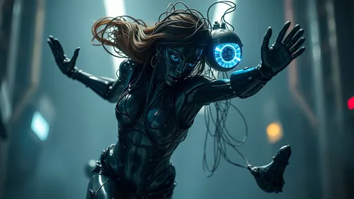 Prompt: (futuristic transformation) a black jumping woman's body, chrome-plated structure, covered in wires, (highly detailed) left blue eye, (photo-realistic detail), right eye (futuristic design), dynamic pose, dramatic lighting, (high quality) 4K, vibrant colors, surreal ambiance, striking contrast between organic form and metallic elements, imaginative setting.