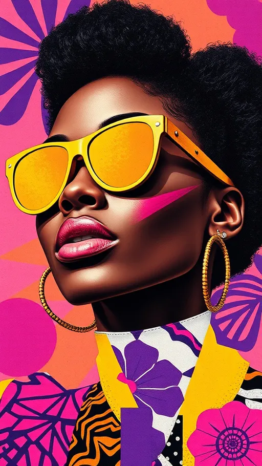 Prompt: (A Black woman wearing gold sunglasses), vibrant colors, (bold geometric forms), various patterns, pop art, collage art style, pink, purple, yellow tones, dynamic composition, lively ambiance, intriguing shapes, engaging details, striking contrasts, artistic flair, ultra-detailed, modern aesthetic, visually stimulating, high quality.