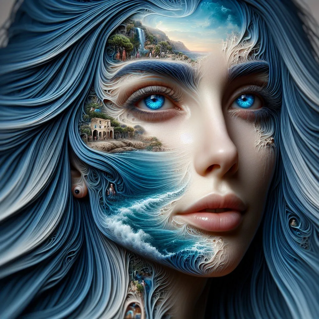 Prompt: Detailed realistic facial portrait of a woman, long flowing blue hair, intricate depiction of blue eyes, sensual gaze, visible mouth and nose, breaking skin to reveal in the holes the most beautiful memories from her last vacation, very detailed, ultra-realistic, emotional, intense, Intricate hair details, detailed eyes and facial features, vivid emotions, high quality, surreal detailed skin texture