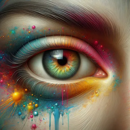 Prompt: a painting of a person's eye with colorful paint on it's face and the eye is painted with multicolors, realistic eyes, a hyperrealistic painting