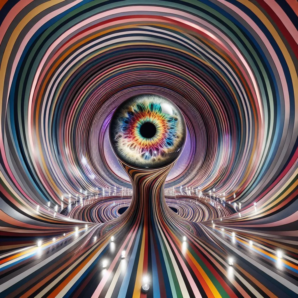 Prompt: Endless round multicolored striped tunnel with an multicolored lightening human eye in it, very detailed exciting unique multi colored iris, realistic,, high contrast, detailed shadows, surreal perspective, optical illusion, high quality, black and white,, surreal, detailed, high contrast, endless, striped pattern, surreal perspective, infinite depth, detailed shadows, optical illusion, atmospheric lighting