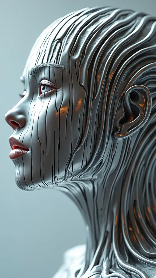 Prompt: (close-up of a female head), flowing striped hair made of (smooth, liquid metal), inspired by the works of (Zaha Hadid), (figura serpentinata) form, (abstract) rendering style, vivid and intricate details, (stunning 8K resolution), dynamic shapes and forms, shimmering and reflective surfaces, ethereal ambiance, ultra-detailed and captivating visual masterpiece, modern and artistic.