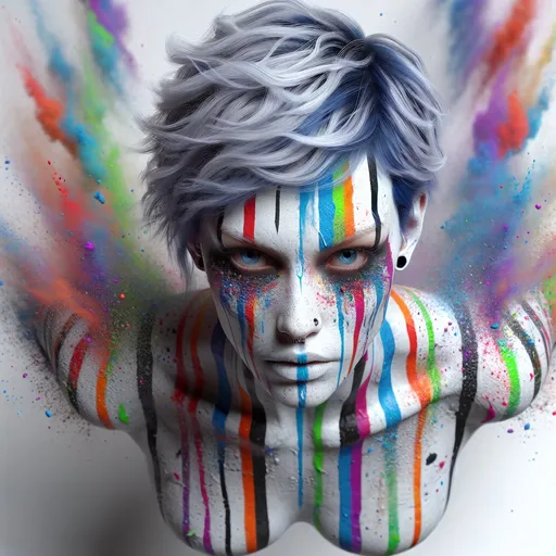 Prompt: A realistic punk girl with a multi-colored face, the colors run vertically across the face in narrow stripes, dripping and running drops of paint over the entire face and upper body, full body portrait from above, she is running, behind her the colors dissolve into small colored clouds of dust , between the colored stripes there are white color stripes, the blue eyes and the short blue hair are realistic and very detailed