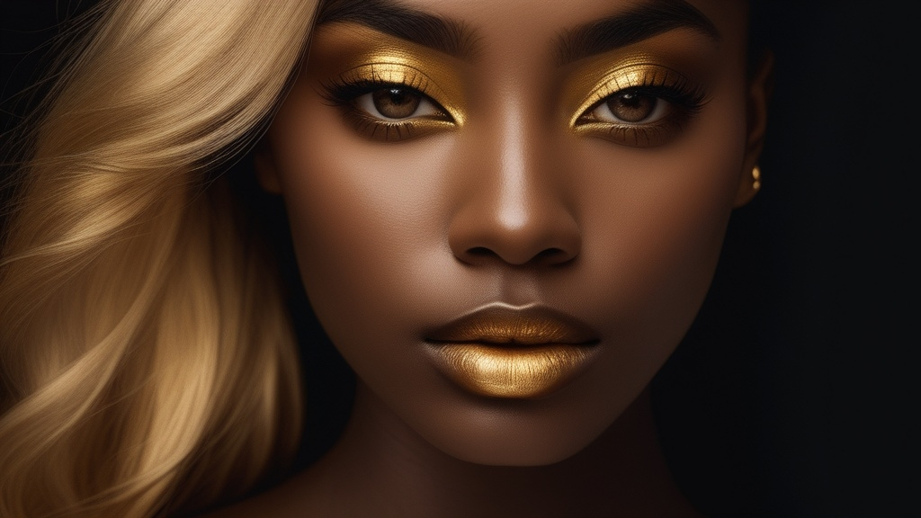 Prompt: just a woman's face with black skin and golden hair, in a gold-black photo with a black background, no makeup, clothes are not visible, no jewelry, detailed golden eyes, art photography, fashion photography, a photorealistic painting in the highest quality