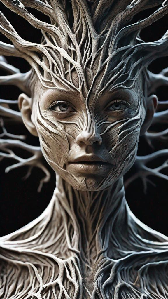 Prompt: Realistic, detailed, beautiful, woman's portrait, the woman's body has grown into a tree, her body can be seen, a fusion of the woman and the tree, detailed glowing eyes, intricately structured, her skin is tree bark,, hyper-detailed, ultra-sharp 3D Rendering, the whole tree can be seen, focus face,