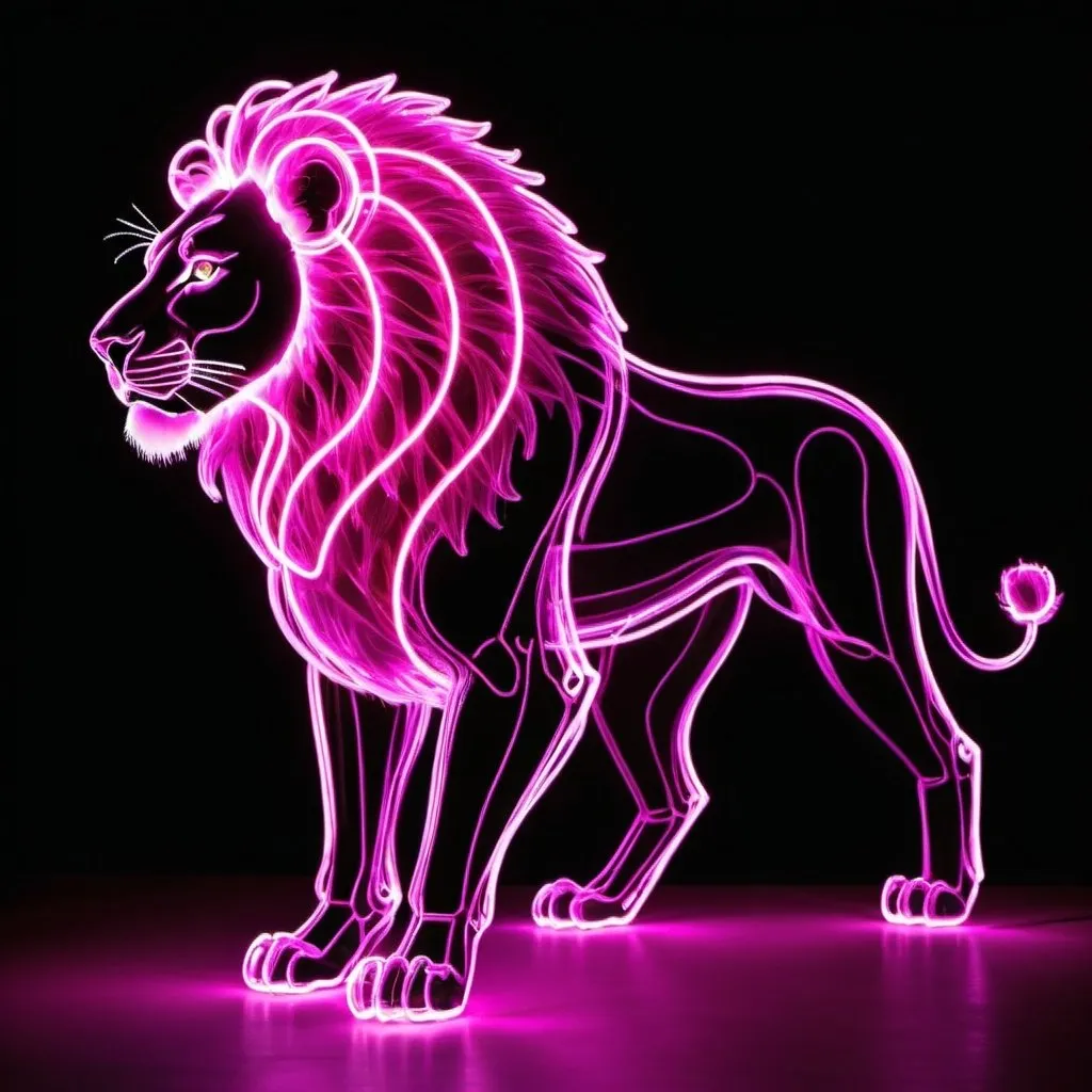 Prompt: a perfect light drawing of a leaping lion, where creativity is fused into a dazzling, exciting display. The lion's form is outlined with neon magenta light, its interior has a green glowing structure that constantly shifts and rearranges. Its body is translucent, revealing its inner workings. The eyes are bright magenta lasers that scan the environment with intelligent, almost playful curiosity. The legs are made of flexible, segmented light rods that allow for agile and fluid movements. This light drawing captures the essence of an imaginative lion.