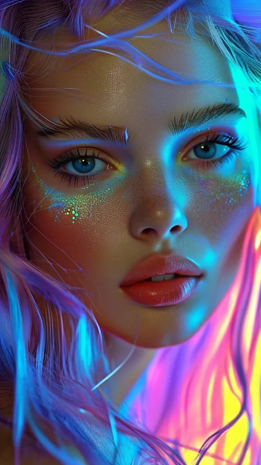 Prompt: (neon-colored liquid), stunning female beauty, expressive (blue) realistic eyes gazing directly at the viewer, long flowing hair, pronounced cheekbones emphasizing her perfect facial structure, ethereal glow bursting with vibrant hues, surreal and enchanting atmosphere, high definition, ultra-detailed, captivating visual masterpiece showcasing the blend of nature and fantasy.