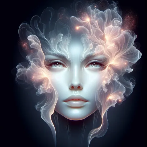 Prompt: Sculpture of a woman face made of a glowing mist, ethereal and delicate, glowing mist forming a female face with open eyes, transparent and airy, high quality, mystical, surreal, delicate shapes, translucent, artistic representation, soft lighting, pastel tones, detailed plumes, artistic, dreamy, fleeting, elegant
