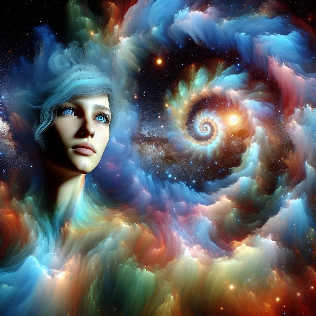 Prompt: A seemingly endless spiral of gases runs through space, out of the darkness of the spiral rises the upper body of a beautiful woman with blue eyes and short blue hair, the woman is depicted realistically and in great detail.
Distant galaxies and stars can be seen in the background of the image