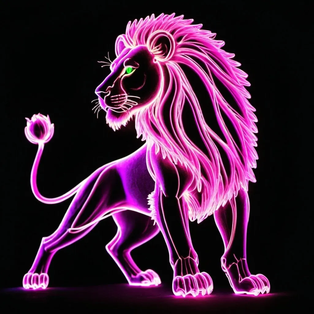 Prompt: a perfect light drawing of a leaping lion, where creativity is fused into a dazzling, exciting display. The lion's form is outlined with neon magenta light, its interior has a green glowing structure that constantly shifts and rearranges. Its body is translucent, revealing its inner workings. The eyes are bright magenta lasers that scan the environment with intelligent, almost playful curiosity. The legs are made of flexible, segmented light rods that allow for agile and fluid movements. This light drawing captures the essence of an imaginative lion.