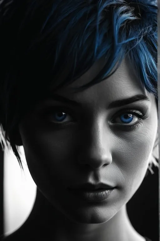 Prompt: Silhouette of a monochrome woman's face, only the blue eyes and short shaggy blue hair are depicted realistically and in detail.4k, artistic, impressive, beautiful, high contrast, detailed lines, expressive depiction, chaotic yet harmonious composition, sensual and enigmatic atmosphere, high resolution, detailed, mysterious, abstract, surreal, monochrome, mood lighting, enigmatic, intricate details, ethereal, emotional, minimalist, dark tones, deep shadows