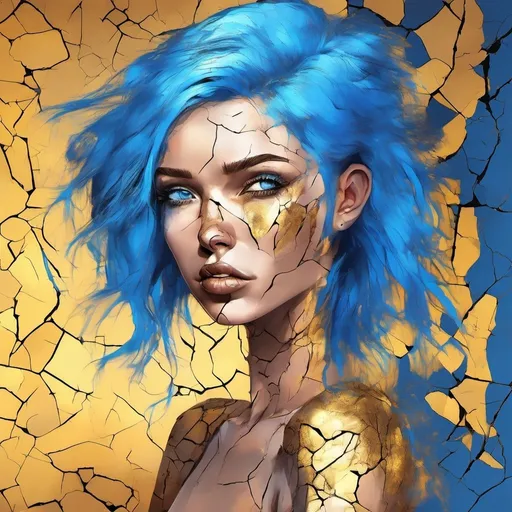 Prompt: Realistic digital painting of a glamorous full body young woman with blue hair and blue eyes, emerging from cracked golden skin, high quality, realistic, digital painting, glamorous, detailed eyes, cracked golden skin, blue hair, blue eyes, detailed features, skin texture, dramatic lighting, intense gaze, professional artwork