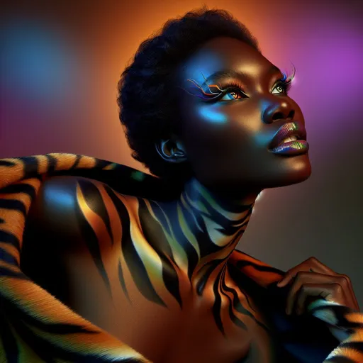 Prompt: a woman with a absolute  tiger skin,  multicolored background excitingly discreetly lit, lightening multicolored eyes, she lifts her chin and looks forward up, multicolored lipstick, realistic, detailed image, high resolution,