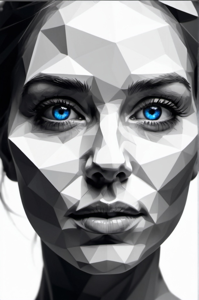 Prompt: Silhouette of a polygonal monochrome woman's face, only the blue eyes are shown realistically and in detail.4k, transparent white crystal, artistic, impressive, beautiful, polygonal design, high contrast, detailed lines, distinctive shadows, modern art, minimalist style