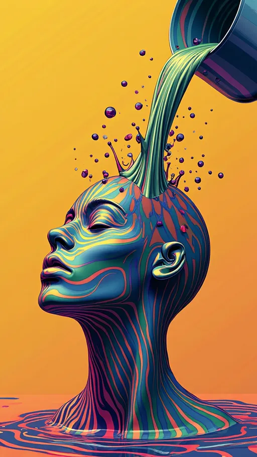 Prompt: (vector) liquid pouring over striped head, (checkerboard pattern), (vibrant colors), dynamic movement, exaggerated flow, abstract art style, striking contrast between patterns, foreground focusing on the head, intricate details in the stripes, smooth texture of the liquid, visually captivating, playful ambiance, (highly detailed) design, (2D illustration), colorful background enhancing visual impact.