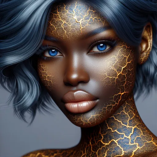 Prompt: 25 years young realistic glamour black girl with blue hair and blue eyes comming out of cracked golden skin face and body