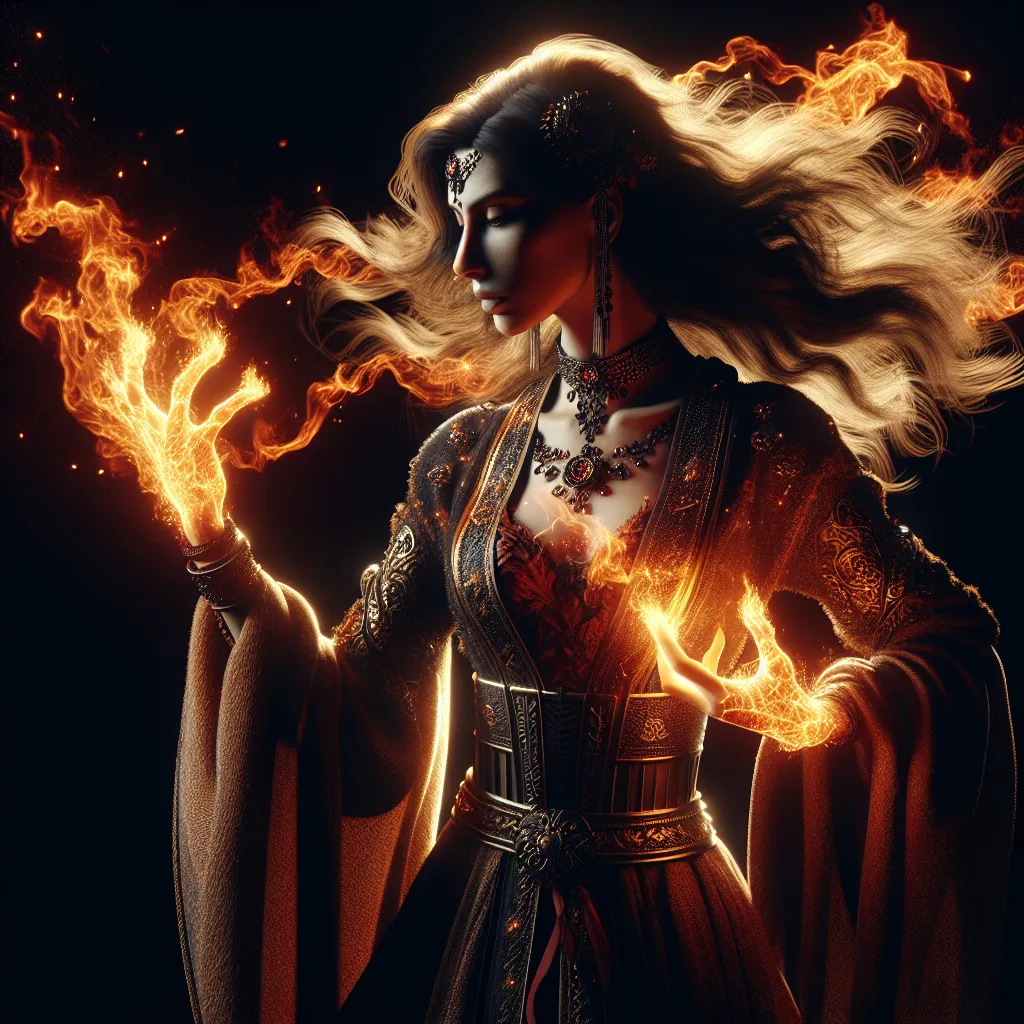 Prompt: Woman with fiery hands, traditional hand-drawn animation elements, detailed clothing, cinematic effect, CGI style, intricate details, dynamic lighting, dramatic pose, flowing hair, glowing flames, high contrast, dark background, professional, highres, ultra-detailed, traditional animation, fiery, detailed hands, dynamic lighting, cinematic, dramatic pose, flowing hair, glowing flames, high contrast