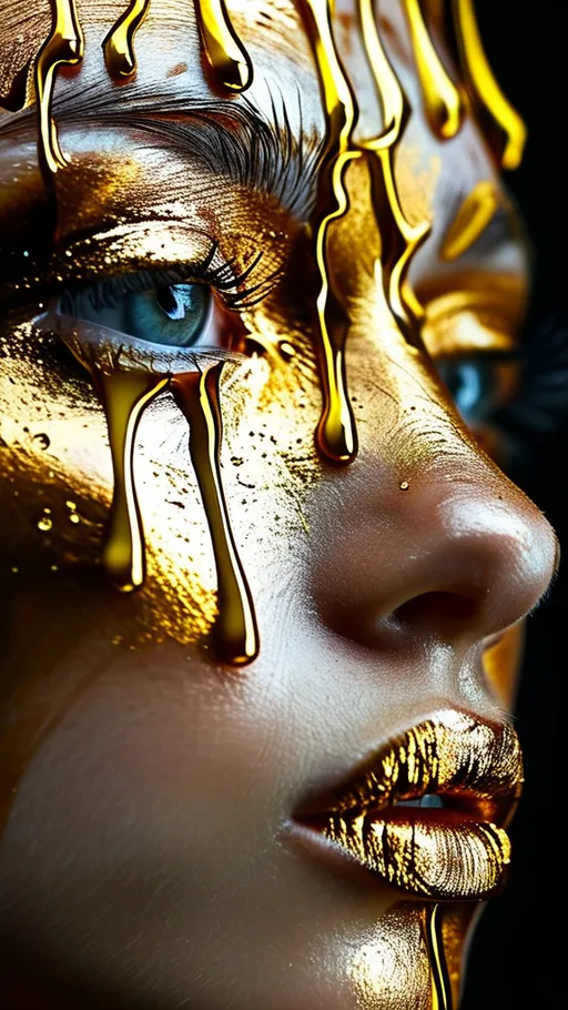 Prompt: (woman's face), (dripping paint), (black background), (gold drops), airbrush painting, analytical art, striking contrast, vibrant gold tones, ultra-detailed, artistic depth, evocative expression, rich texture, visual impact, mesmerizing composition, contemporary elegance, innovative design, high quality, eye-catching contrast.