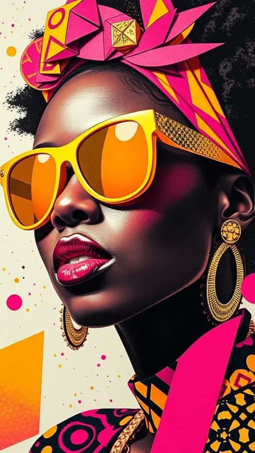 Prompt: (A black woman wearing gold sunglasses), bright colors (bold geometric shapes), various patterns, pop art, collage art style, shades of pink, magenta and yellow, dynamic composition, lively atmosphere, intriguing shapes, appealing details, striking contrasts, artistic flair, ultra-detailed, modern aesthetic, visually stimulating, high quality.