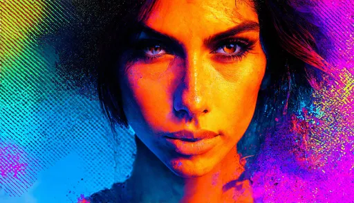 Prompt: Color halftone poster of a woman's face, hyperrealistic, intricately detailed, splash art, concept art, mid shot, dramatic color depth, 2/3 face angle, side light, colorful background, high quality, hyperrealism, detailed eyes, vibrant neon colors, professional, dramatic lighting