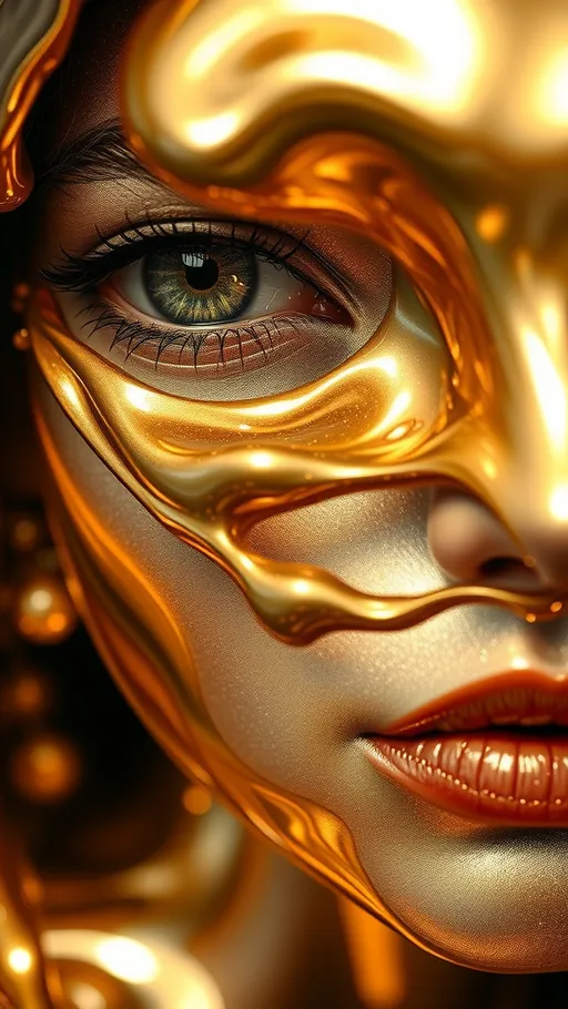 Prompt: gold-silver liquid as a woman's face, (4K), (3D rendering), open eyes, (artistic), (breathtaking optics), (high contrast), striking shadows, (detailed lines), metallic tones, silver-golden liquid gradient splashing colors, (intense look), (surreal atmosphere), (beautiful), (impressive), (golden shine)