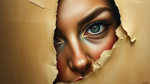 Prompt: hyperrealistic oil painting, a woman's half-face, intricately detailed textures, emotion of curiosity, torn paper background, delicate shadows and highlights, vivid colors, soft focus effects for depth, extremely high quality, showcasing the layers of the torn paper, engaging composition that draws the viewer's eye to the peeking face. emotion through expressive facial features and depth of field that adds character.