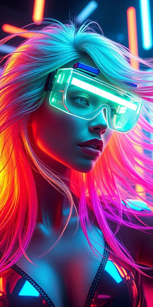 Prompt: (3D render woman), luminous multi-neon colored hair flowing in shades of green, orange, and violet, (holographic goggles shimmering with light), radiant and surreal atmosphere, sleek and modern design, vibrant lighting, high-tech surroundings, ultra-detailed, cinematic Poster quality, imaginative and captivating, emphasizing a sense of wonder and advanced technology.