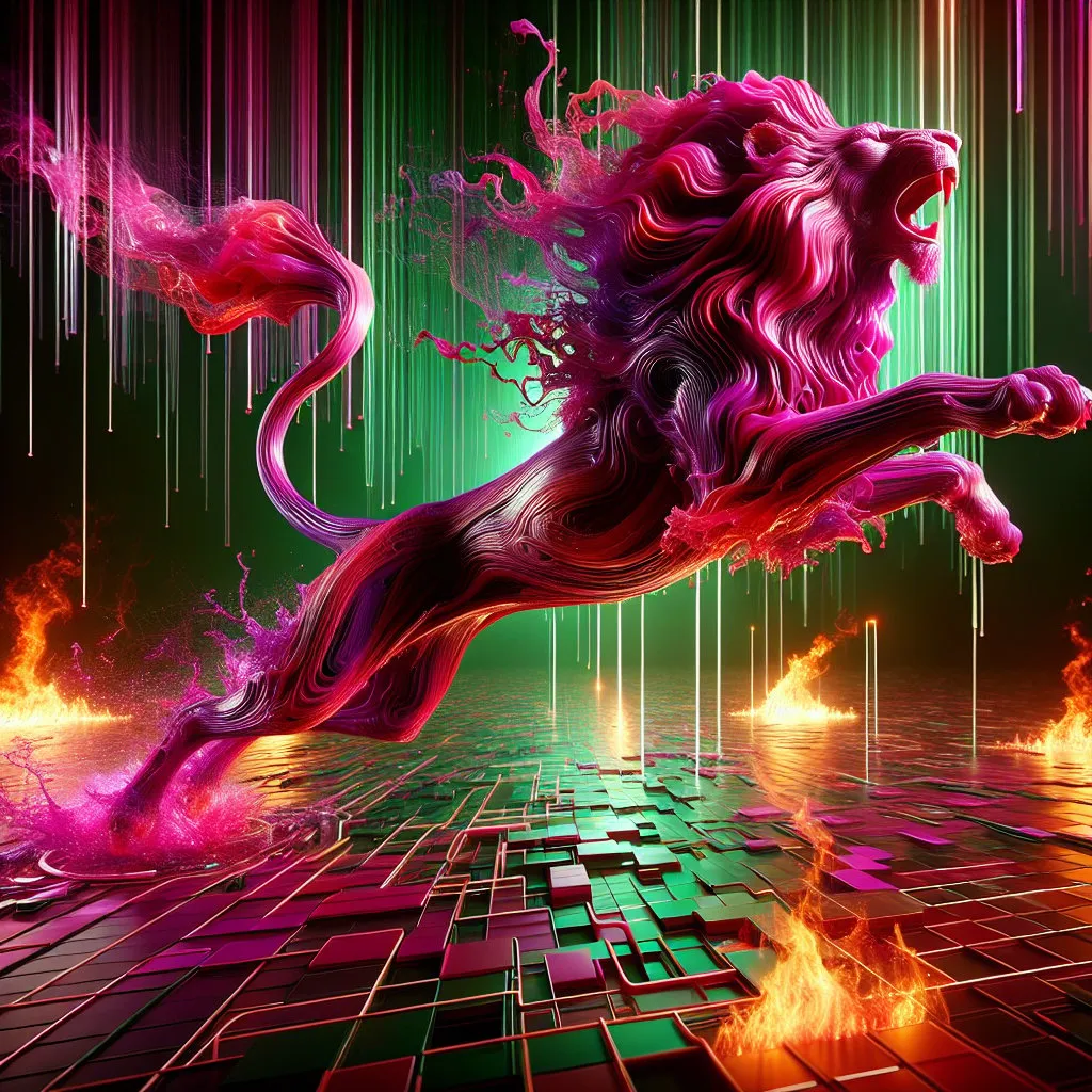 Prompt: 3D body of a roaring jumping lion made of magenta fluid emerging from a green and magenta striped matrix, surrounded by a fire, bright colors, high quality rendering, surreal, digital art, intense lighting, fiery hues, detailed features, futuristic, abstract, surreal, 3D rendering, variable hues, high energy, dynamic composition