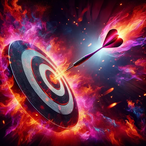 Prompt: (dart hitting bullseye), vibrant magenta flames in the background, dynamic motion captured, sharp contrasts of color, intense focus on the dart and bullseye, high energy ambiance, captivating scene, (ultra-detailed), dramatic lighting highlights, 4K quality, a sense of triumph in the air.