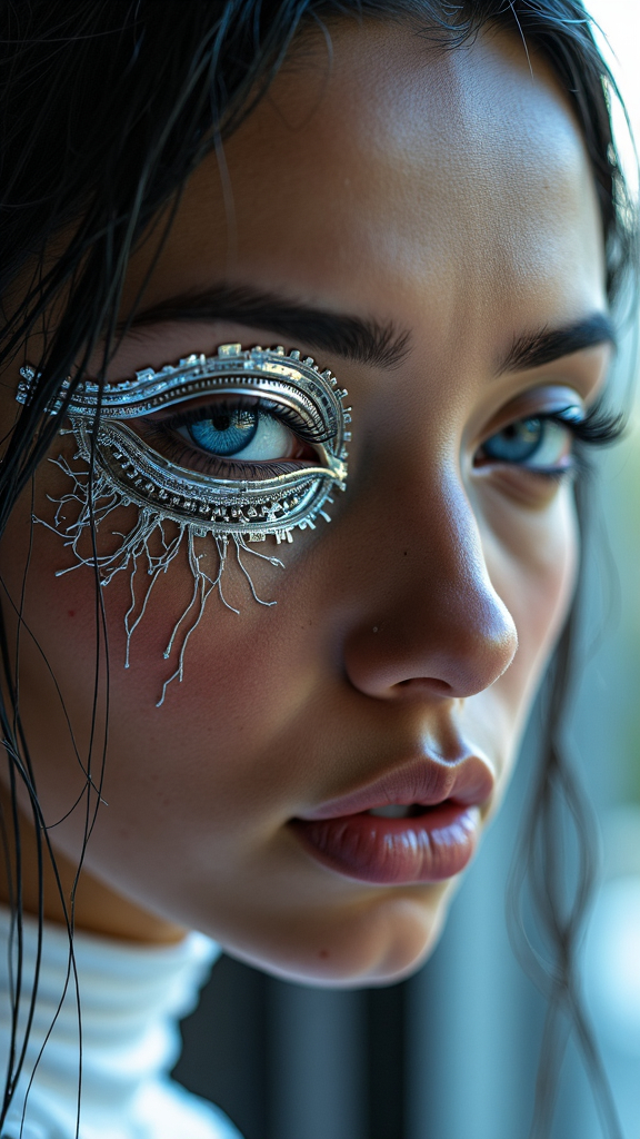 Prompt: photorealistic, (very dark-skinned) attractive woman, (realistic look), slightly kissing mouth, (disheveled hair), direct eye contact, (open blue detailed eyes), high level of detail, (every pore visible), (futuristically transformed), (silver-plated structure), intricate designs, futuristic elements on the right eye, dramatic lighting, close-up shot, ultra-detailed, vivid textures, immersive depth, evocative atmosphere.